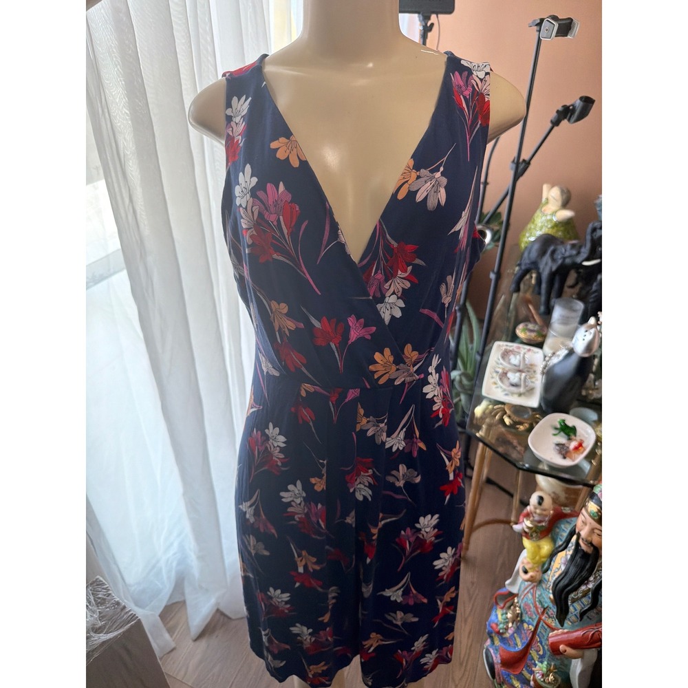 St Johns Bay Navy Blue Floral Sleeveless V-Neck Faux Wrap Dress Large